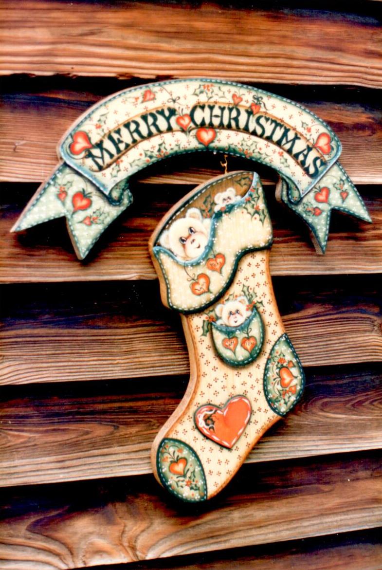 Hearts & Holly Christmas Ribbon and Bear Foot Stocking - Lynn Zezech