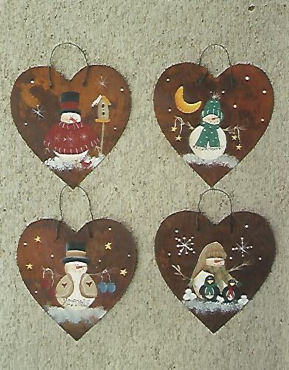 Rusted Tin Heart Ornaments Snowmen - Laurie Speltz