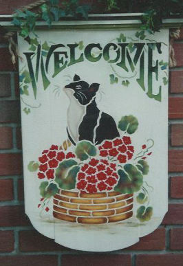 Welcome Sign with Cat & Geraniums - Julie White