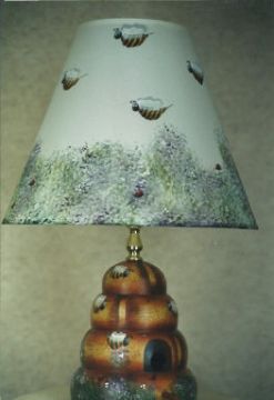 Fuzzy Buzzy Bees on Beehive Birdhouse Lamp with Painted Shade - Chris Barrett